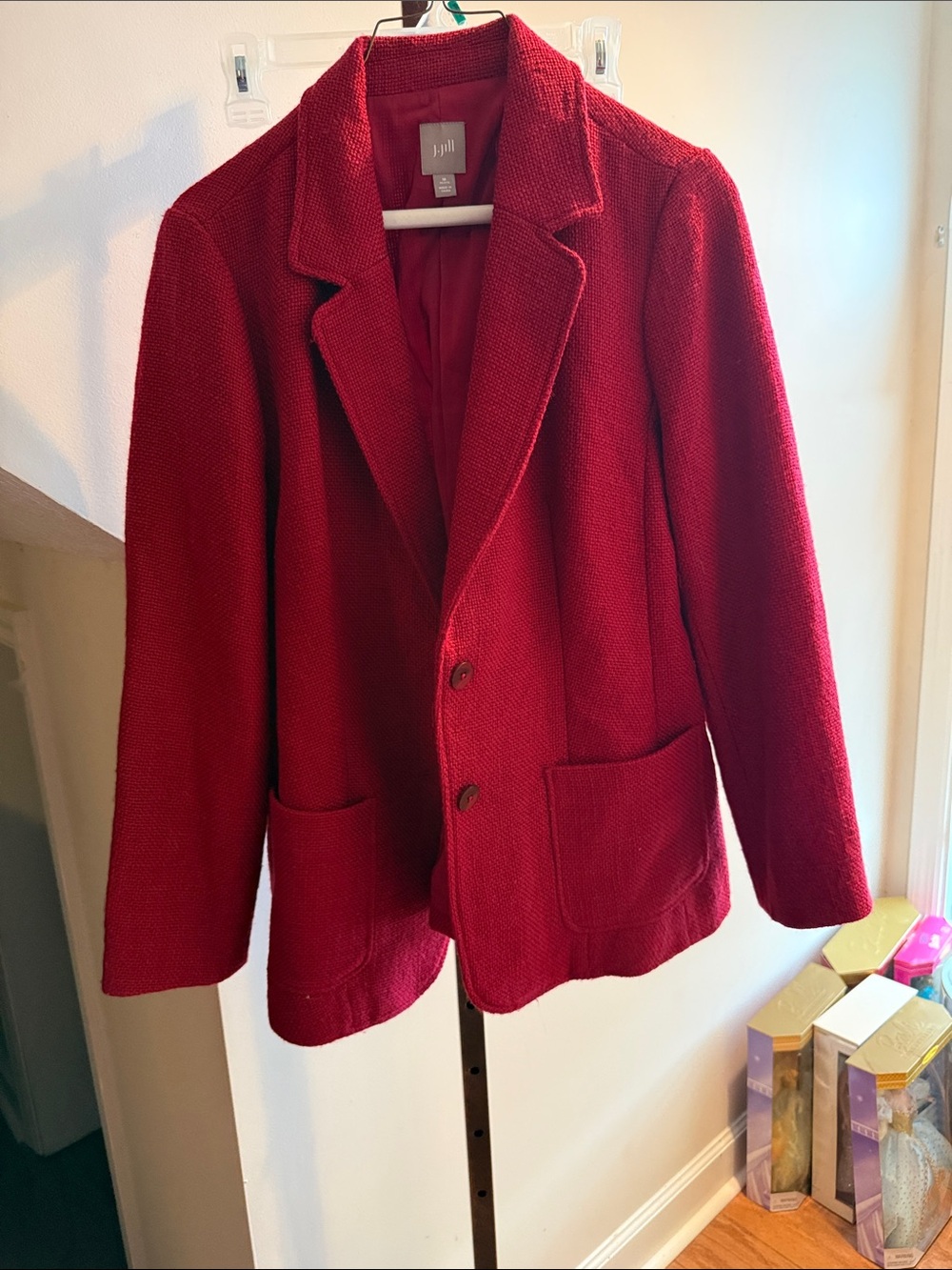 J. Jill Red Textured Knit Pea Coat